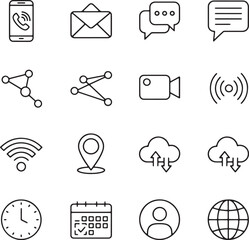 Communication Icons – Outline Vector Collection of Network, Call, Message, and Cloud Connection Symbols, Minimal Line Design