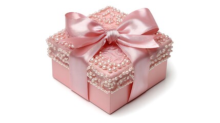 Luxurious Pink Gift Box with Pearls and a Bow / パールとリボンで飾られた豪華なピンクのギフトボックス