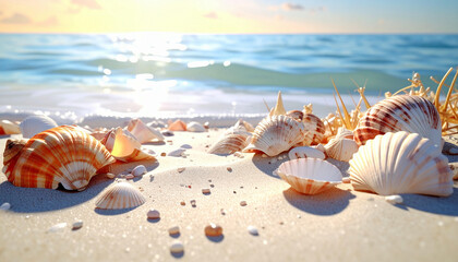 Seashells on a Sandy Beach with Ocean Waves and Sunlight.