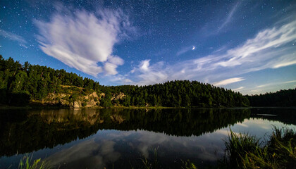 Serene Night Sky with Stars and Clouds Reflecting in a Calm Lake.