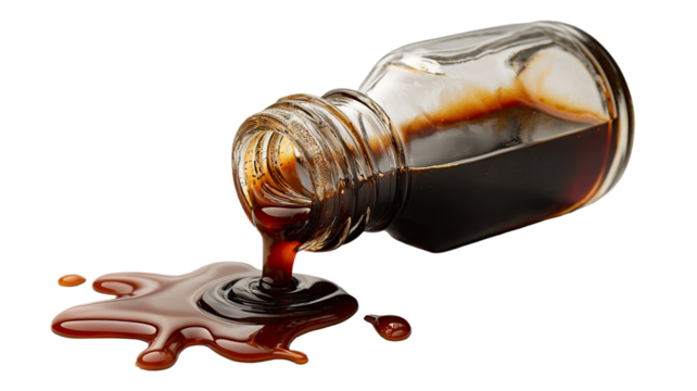 Spilled brown soy sauce splash creating glossy liquid texture and natural flow pattern showing condiment detail and flavor concept isolated on white background