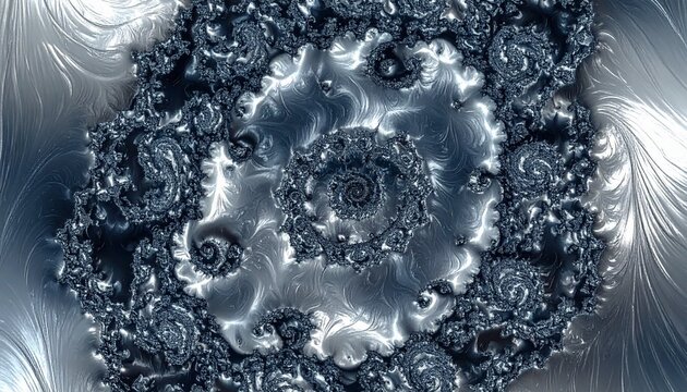 Abstract swirling metallic fractal with intricate details and silver highlights. - Powered by Adobe