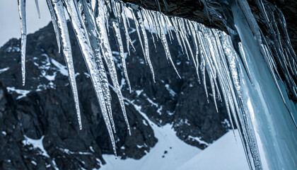 Sharp icicles hanging from a dark rock formation with snow-covered mountains in the background.