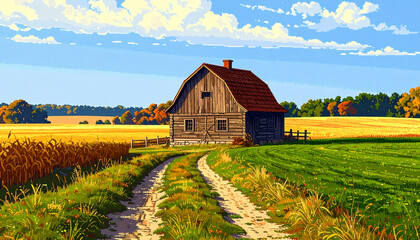 Rustic Barn in a Golden Field Under a Blue Sky with Clouds.