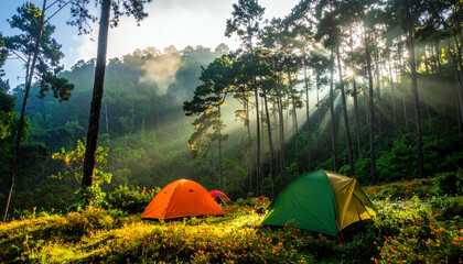 Camping adventure in the vibrant forest with tents and sunlight.