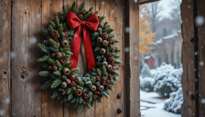 Elegant Christmas wreath with red ribbons and pinecones, hanging on a wooden door background