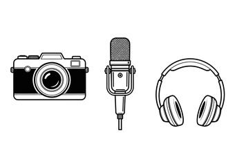 Simple line art icons representing photography, podcasting, and music creation