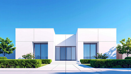 Modern White House with Large Glass Doors and Lush Green Landscaping.