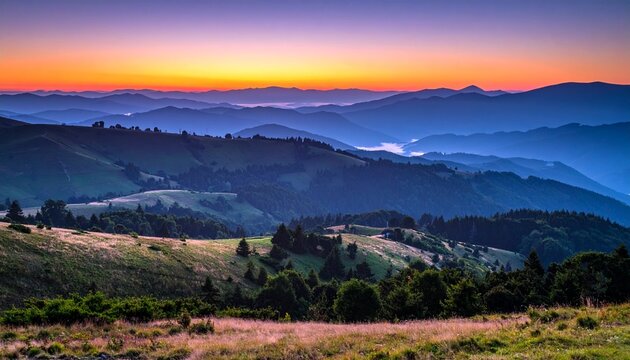 Breathtaking sunrise over rolling hills and distant mountain layers.