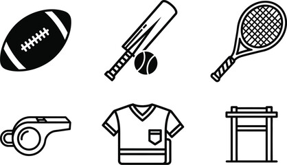 Collection of diverse sports equipment and apparel icons, representing active lifestyle and recreation.