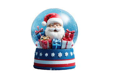 Obraz premium Santa Claus with gifts inside snow globe featuring winter scene Christmas tree and festive decorations symbolizing holiday joy isolated on white background