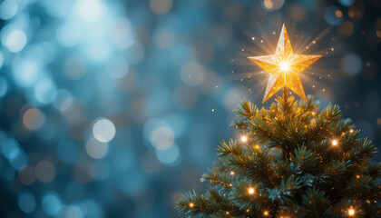 Golden star shining on top of a Christmas tree with glittering lights, soft blurred festive background