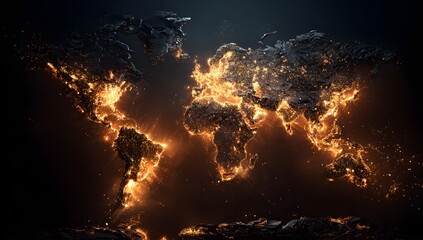 Global catastrophe depicted as a world map engulfed in intense flames and smoldering embers against a dark background