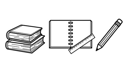 Stack of books, open notebook, ruler, and pencil symbolizing learning and creativity