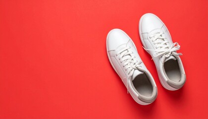 Stylish white sneakers on a vibrant red background top view with copy space.