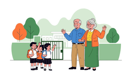 Family Cheerful Departure, Children and Grandparents Expressing Joyful Farewells