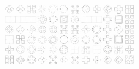 Collection of abstract geometric shapes and patterns in a grid layout with a white background