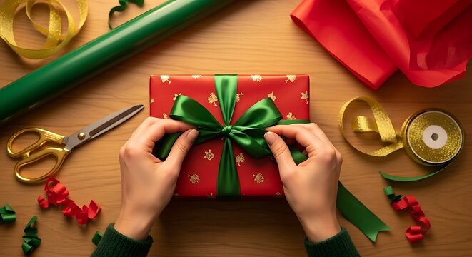 Hands tying a green ribbon bow on a red Christmas gift box, surrounded by wrapping paper and scissors. - Powered by Adobe