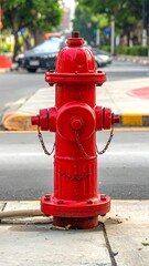 Vibrant Red Fire Hydrant Stands Guard on City Sidewalk.