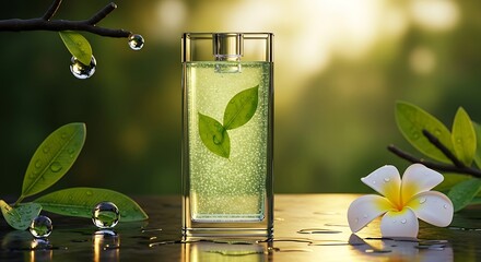 Refreshing Green Elixir with Plumeria and Dewdrops in Golden Light.