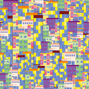 Cityscape seamless pattern with simple geometric and colorful buildings