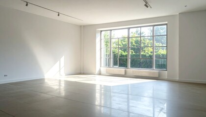 Fototapeta premium Spacious empty room with large window and bright natural sunlight.