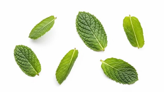 Fresh green mint leaves, textured and vibrant, scattered artfully across a clean white background
