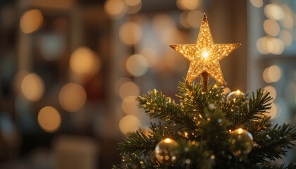 Golden star shining on top of a Christmas tree with glittering lights, soft blurred festive background