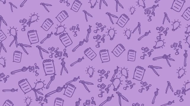 Back to school doodle on purple background, creative sketched art scene with notes and lightbulbs. Suitable for educational designs and materials.