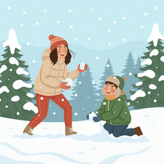 Girl and boy playing snow in the park with snowflake or snowfall  in winter season. Illustration for social media post, banner, or presentation.	