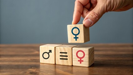 Wooden blocks showing gender equality concept, a hand placing a block with female symbol, symbolizing equal rights and opportunities for women