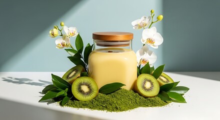 Organic Kiwi  Orchid Beauty Cream Jar with Green Moss and Soft Shadows.