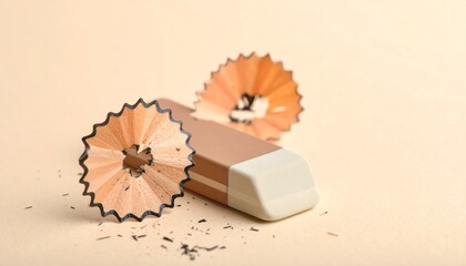 Eraser with wooden pencil shavings on a plain background.
