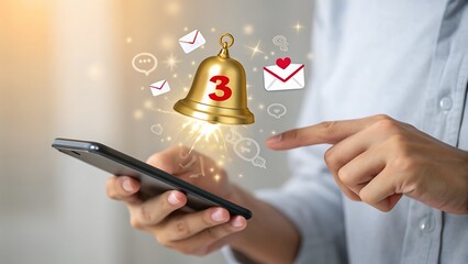 A man is holding a smartphone with a notification bell and message icons, indicating new messages or notifications on the device, digital communication concept