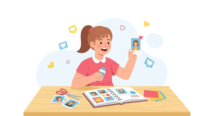 Girl Crafting Photo Album with Smiling Expression and Social Media Like Icons