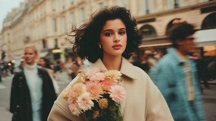 retro cinematic aesthetic stylish woman walking with flowers in a busy city street, elegant fashion portrait in motion, for editorials, lifestyle blogs, urban romance stories, 70s 80s film look