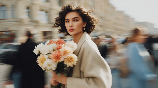 retro cinematic aesthetic stylish woman walking with flowers in a busy city street, elegant fashion portrait in motion, for editorials, lifestyle blogs, urban romance stories, 70s 80s film look