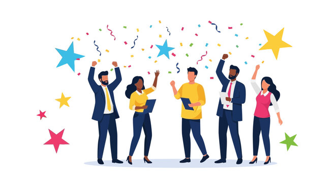 Group Of Cheerful People Rejoicing; Celebrating A Successful Project Outcome Together