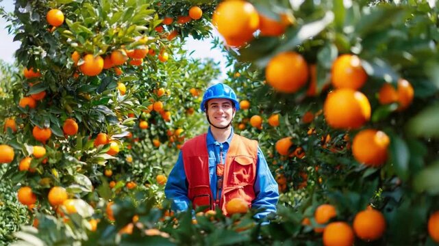 Orchard worker among the oranges: A hardworking individual, dressed in protective gear, stands proudly within an orchard brimming with ripe, juicy oranges, embodying the essence of fruitful labor.