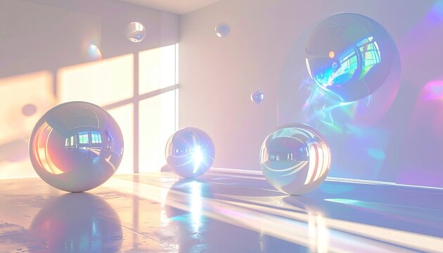 Spheres in bright room, light prisms on floor and walls - Powered by Adobe