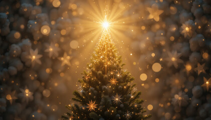 Golden star shining on top of a Christmas tree with glittering lights, soft blurred festive background