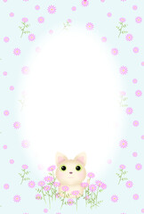 ピンクの花とネコのフレーム〈ハガキ〉　H-3