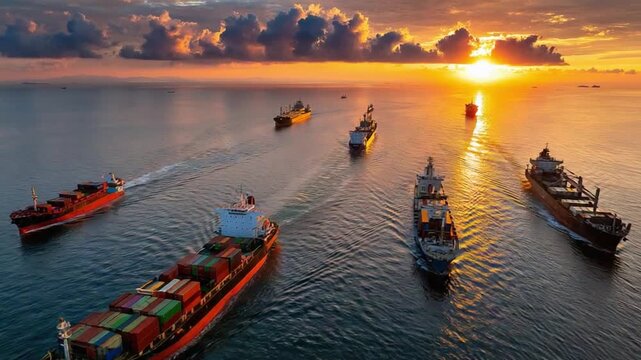 Golden Hour Fleet: A majestic fleet of cargo ships sails across the vast ocean under the warm glow of the setting sun, their silhouettes painted against the vibrant sky.