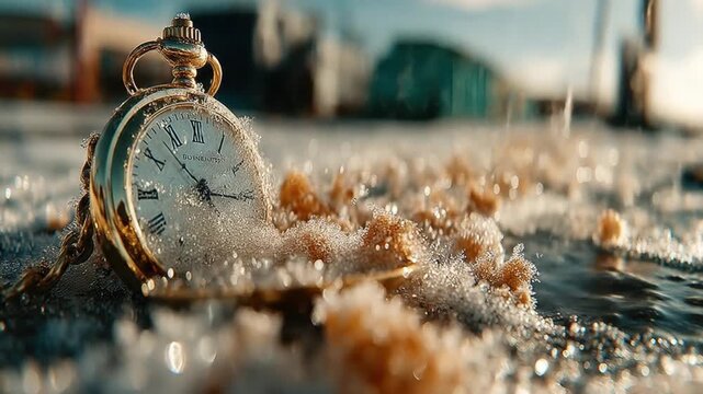 Antique pocket watch on snowy surface with golden chain closeup - Powered by Adobe