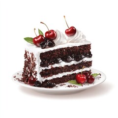 A delectable slice of chocolate cake layered with cherry filling, topped with whipped cream and fresh cherries, presented on a white plate