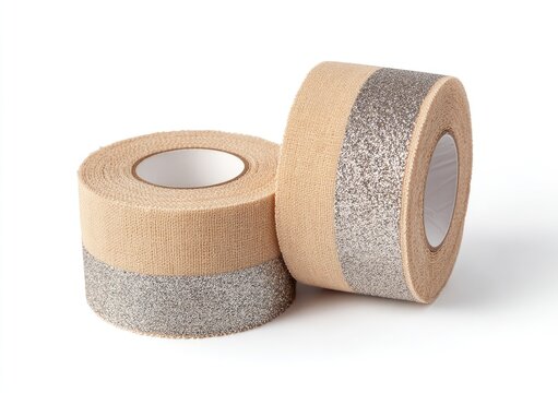 Two rolls of beige adhesive tape with a silver glitter stripe, displayed against a white backdrop