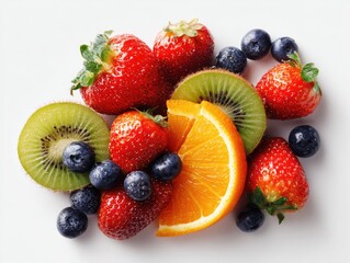 Obraz premium A vibrant mix of fresh strawberries, blueberries, kiwi slices, and an orange segment, artfully arranged on a white background