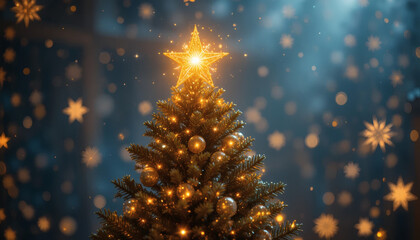 Golden star shining on top of a Christmas tree with glittering lights, soft blurred festive background