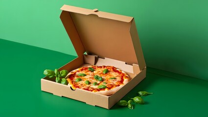Fresh margherita pizza in a cardboard box with basil on a green background for delivery food