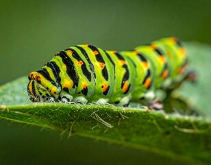 Naklejka premium Macro shot of a caterpillar's segmented body, focusing on the intricate texture and fine setae (hairs) of the insect larva.